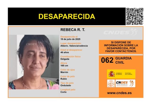 Rebeca R. T., desaparecida el 19 de julio de 2025 en Alberic, Valencia. La Guardia Civil mantiene activa la búsqueda.