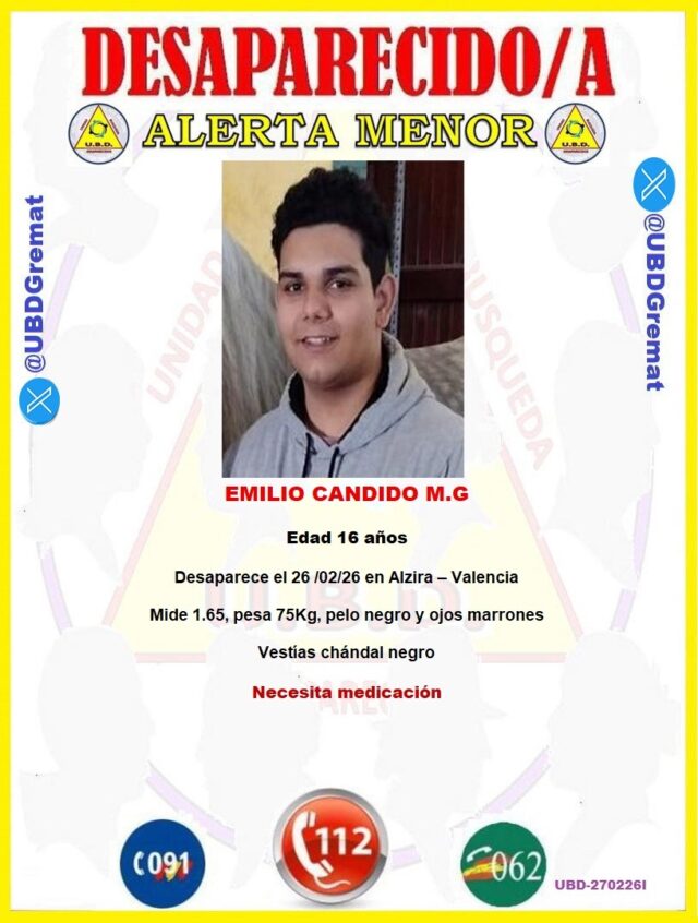 Cartel oficial de búsqueda de Emilio Candido M.G., menor desaparecido en Alzira.